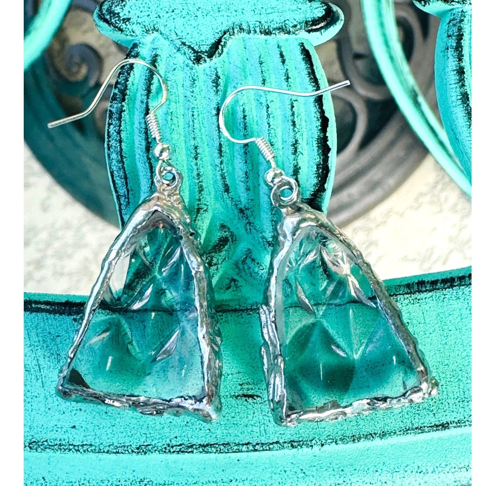 Handcrafted Anchor Hocking Crystal Earrings With Silver Blend Bezel & 925 Hooks - Picture 4 of 16